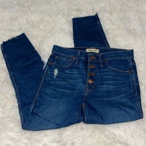 Madewell Dark Denim Distressed Frayed Hem 10” High Rise Skinny Jeans
